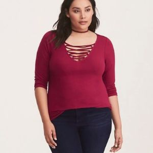 Torrid Deep V Lace Up Top 3/4 Sleeve Burgundy SZ 2